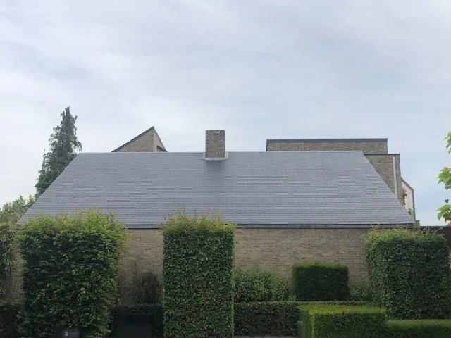 Dak met leien achter een haag