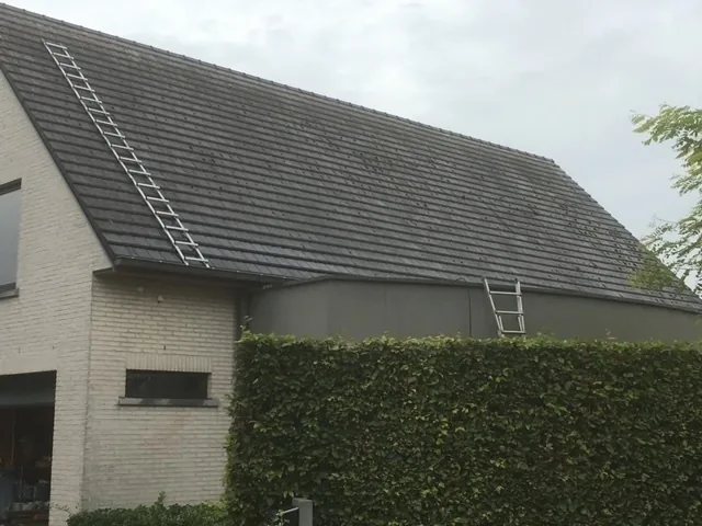 Dak met een ladder, klaar om te ontmossen